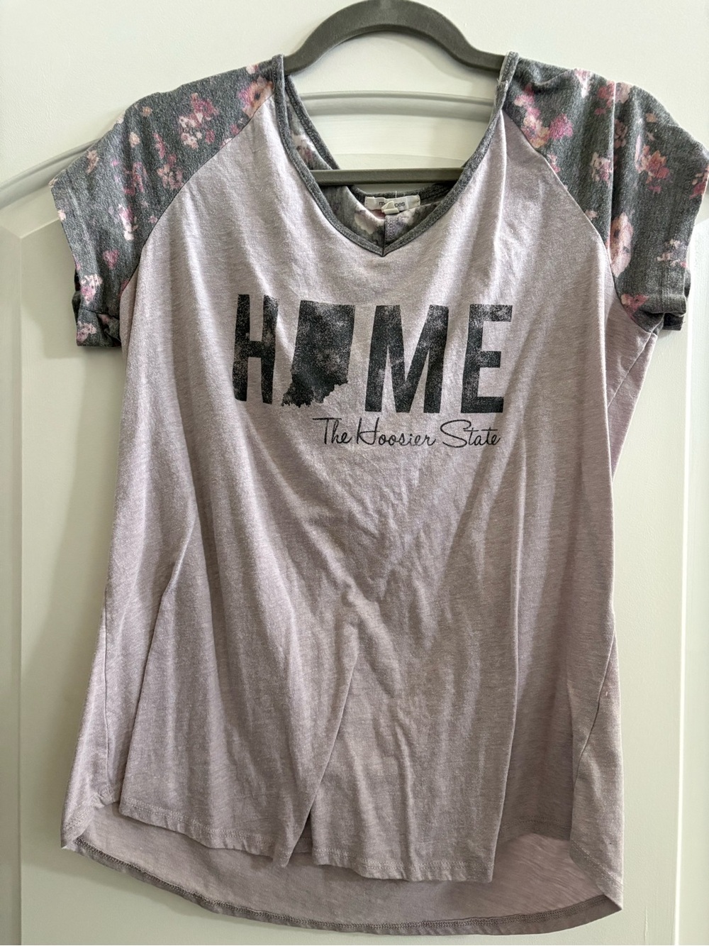 Maurices Lavender Short Sleeve HOME Graphic Tee with Floral Sleeves